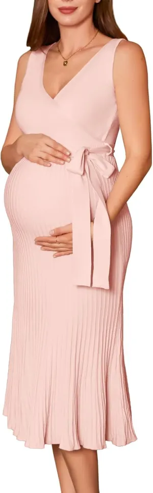 V FOR CITY Spring Summer Maternity Dress Knit Midi Pregancy Dresses 2025 Casual Nursing Clothes Sleeveless S-XL