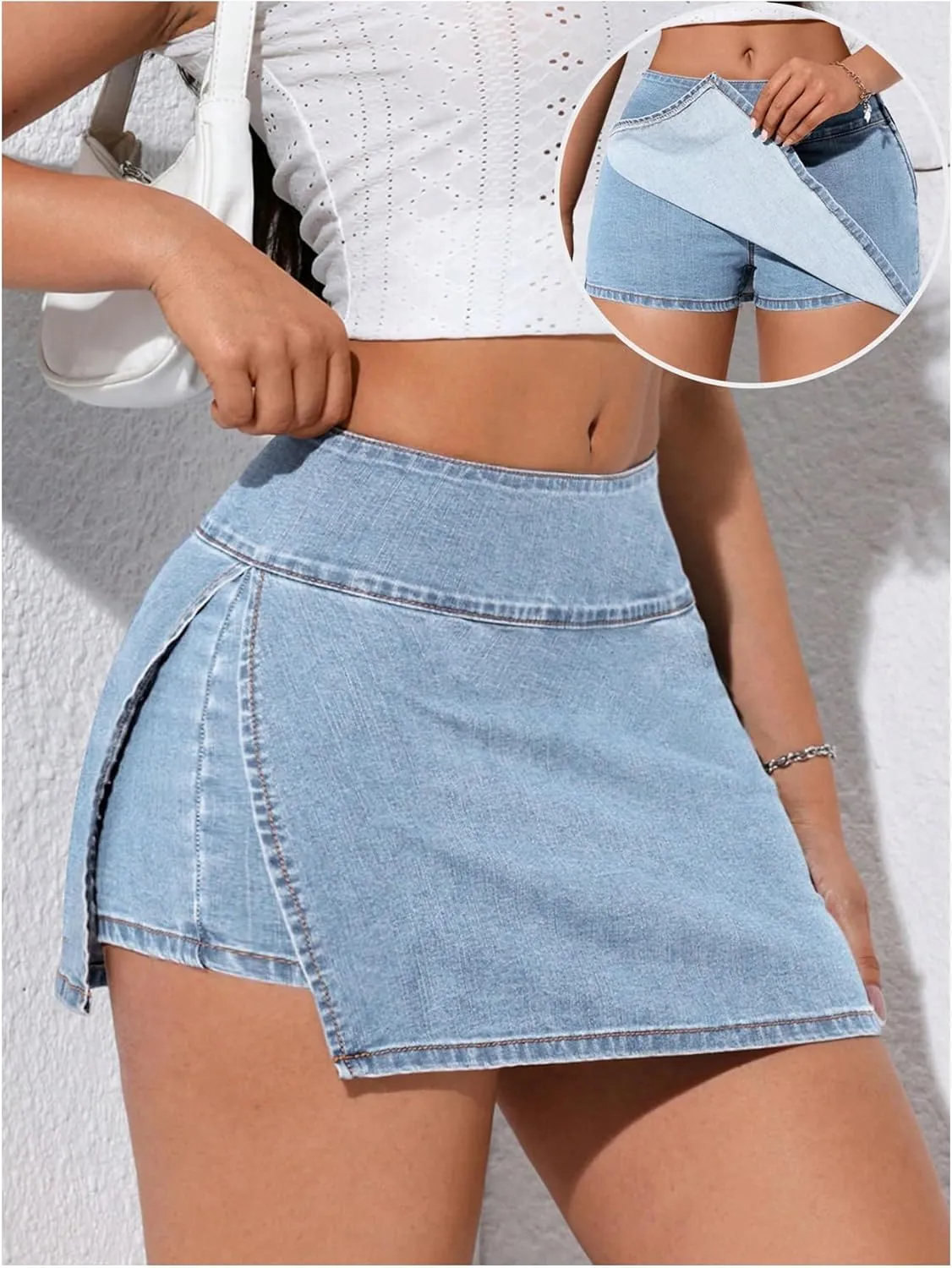 Verdusa Women's Slit Wrap Bodycon Denim Skirt Asymmetrical Mini Jean Skort