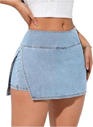 Verdusa Women's Slit Wrap Bodycon Denim Skirt Asymmetrical Mini Jean Skort