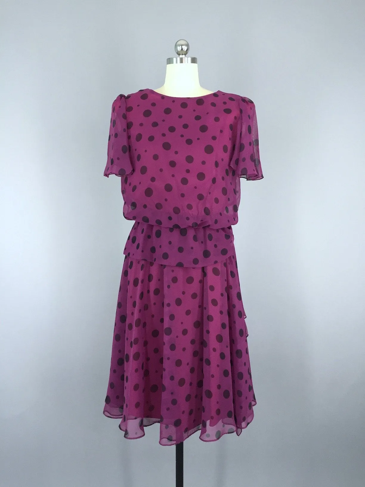 Vintage 80s Dress / Chiffon Polka Dots
