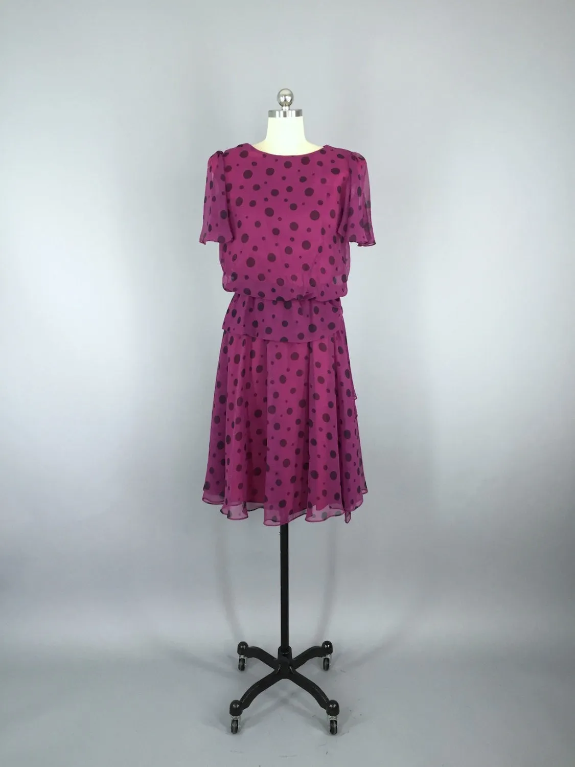 Vintage 80s Dress / Chiffon Polka Dots