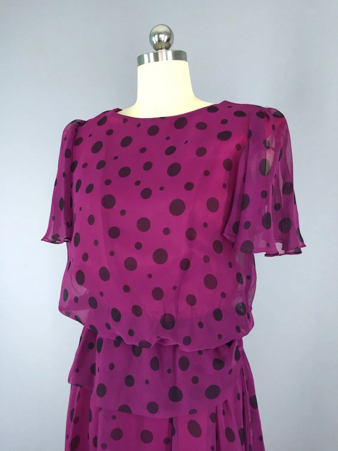 Vintage 80s Dress / Chiffon Polka Dots