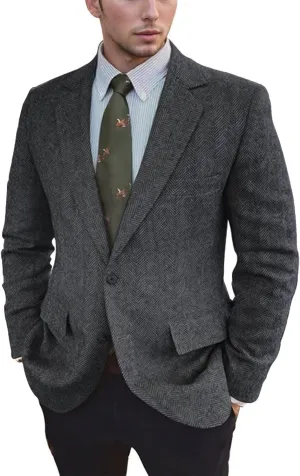 Vintage Mens Tweed Blazer Retro Wool Blend Suit Jackets Herringbone Two Button Sport Coat Prom Business Casual Wedding