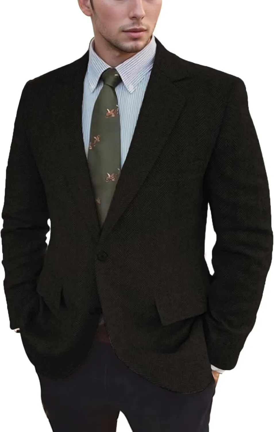 Vintage Mens Tweed Blazer Retro Wool Blend Suit Jackets Herringbone Two Button Sport Coat Prom Business Casual Wedding