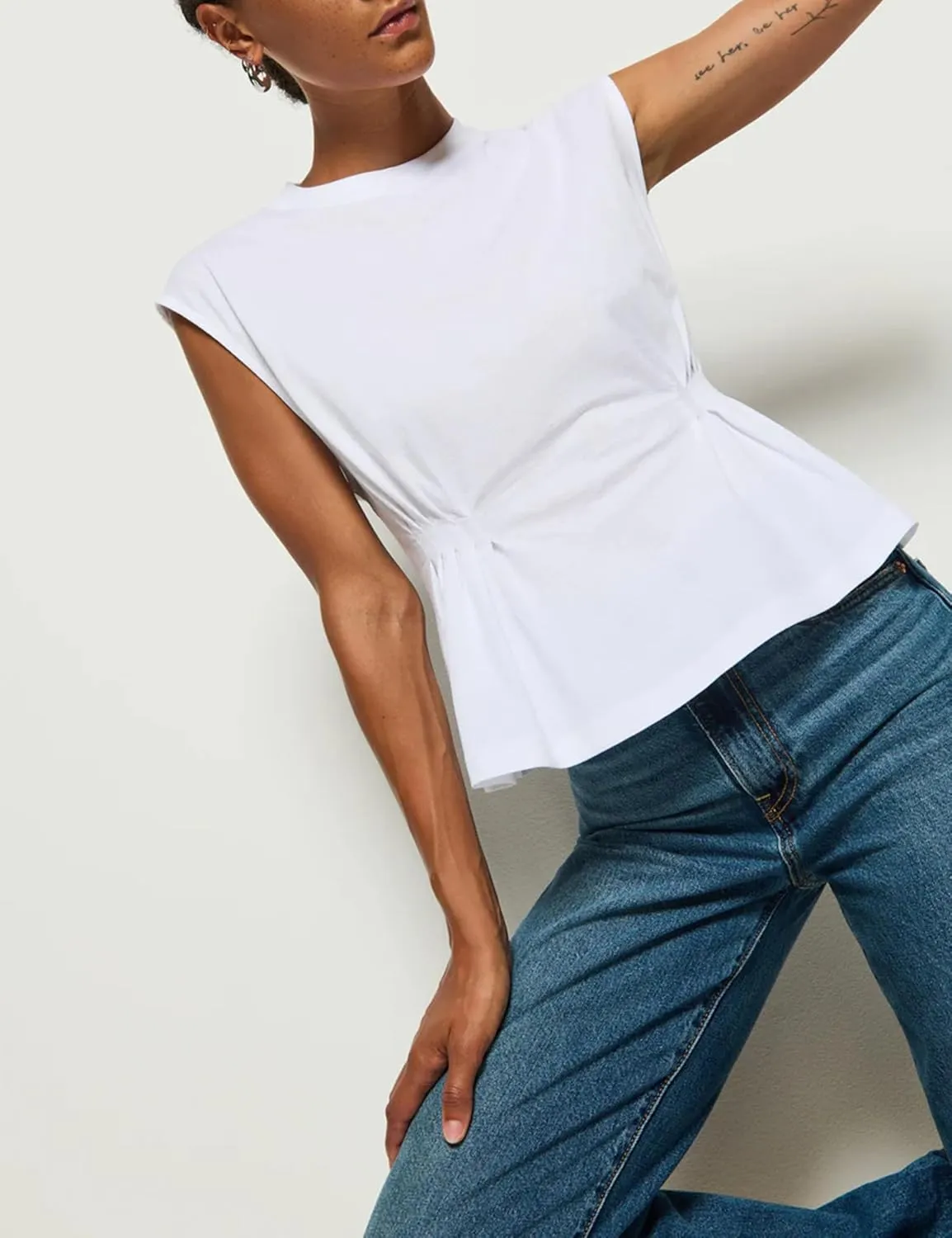 Watashi Women Summer Babydoll Tops Casual Cap Sleeve Peplum Tunic Shirt Dressy Pleated Tops Blouses
