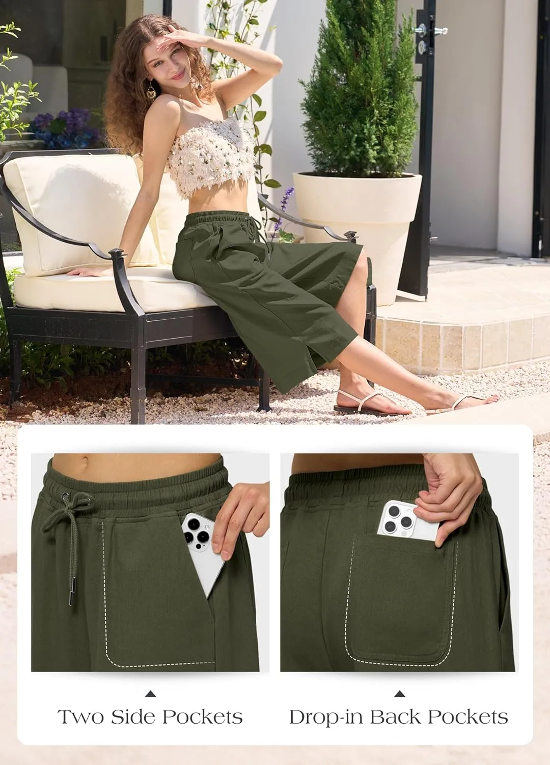 Willit Women's Linen Capri Pants Wide Leg Dress Casual Summer Pleated Capri High Waisted with Pockets 16"
