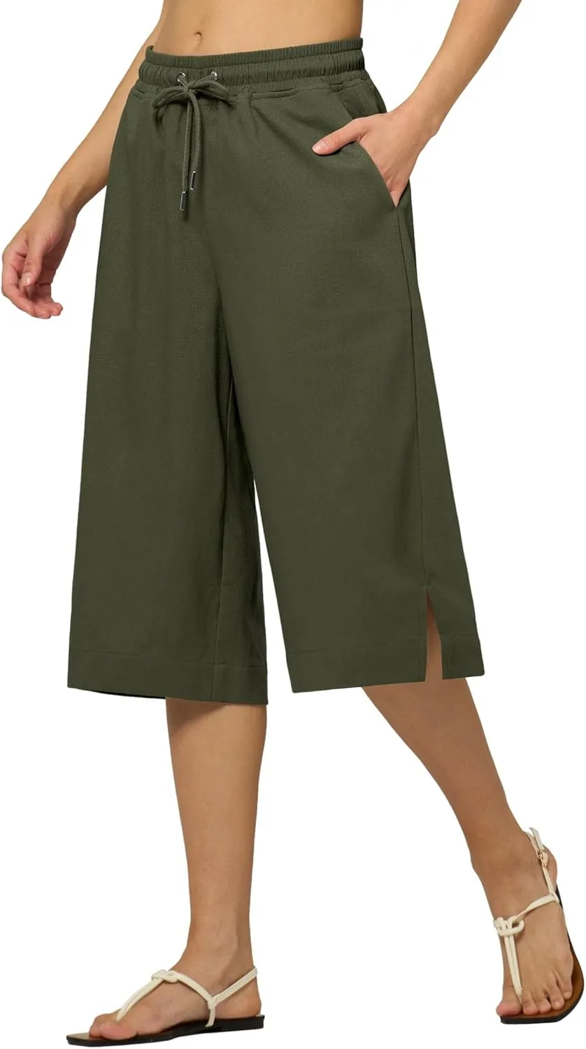 Willit Women's Linen Capri Pants Wide Leg Dress Casual Summer Pleated Capri High Waisted with Pockets 16"