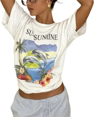 Women Oversized Graphic T-Shirt Y2k Vintage Flower Baggy California Tees Tops Summer Aesthetic Coastal Beach Shirt