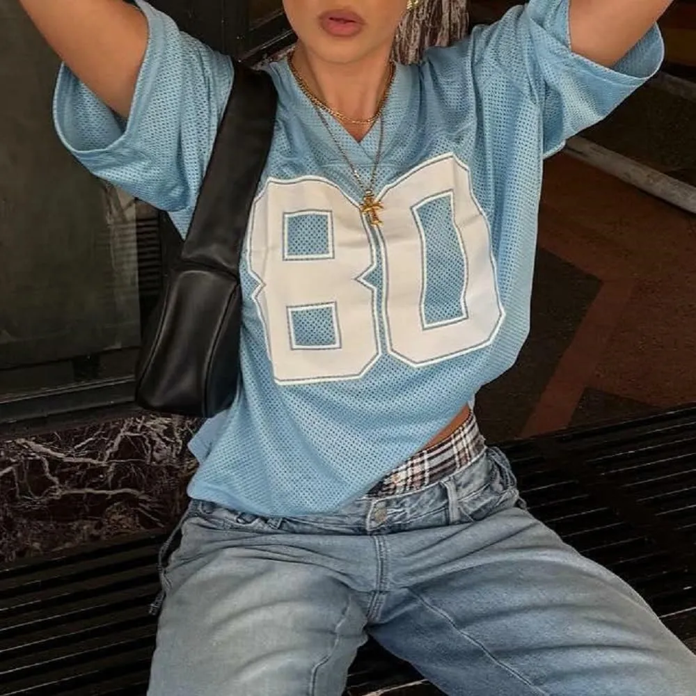 Women Oversized Jersey Shirt Y2k Number Graphic T Shirt Loose Fit Short Sleeve Top Going Out Streetwear