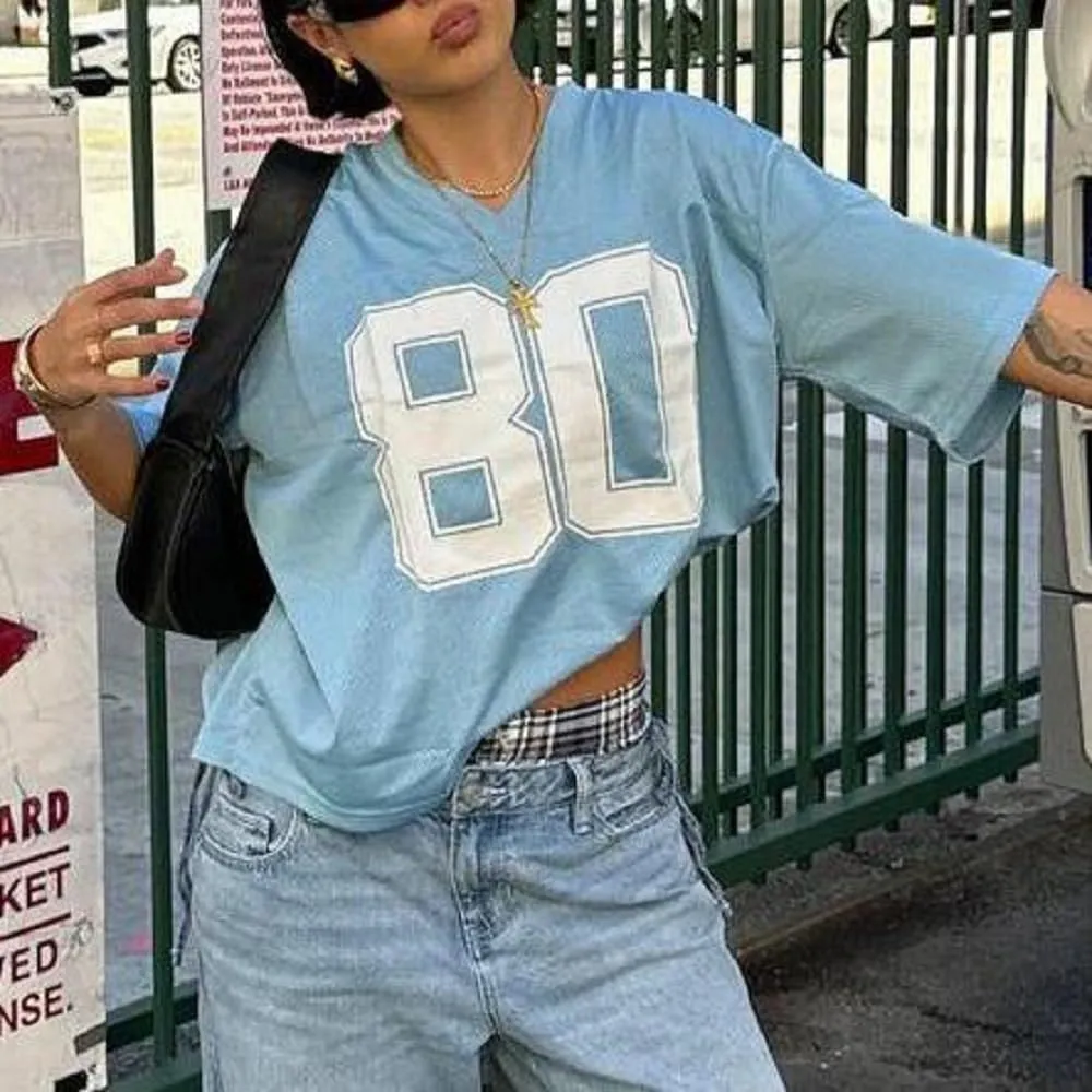 Women Oversized Jersey Shirt Y2k Number Graphic T Shirt Loose Fit Short Sleeve Top Going Out Streetwear