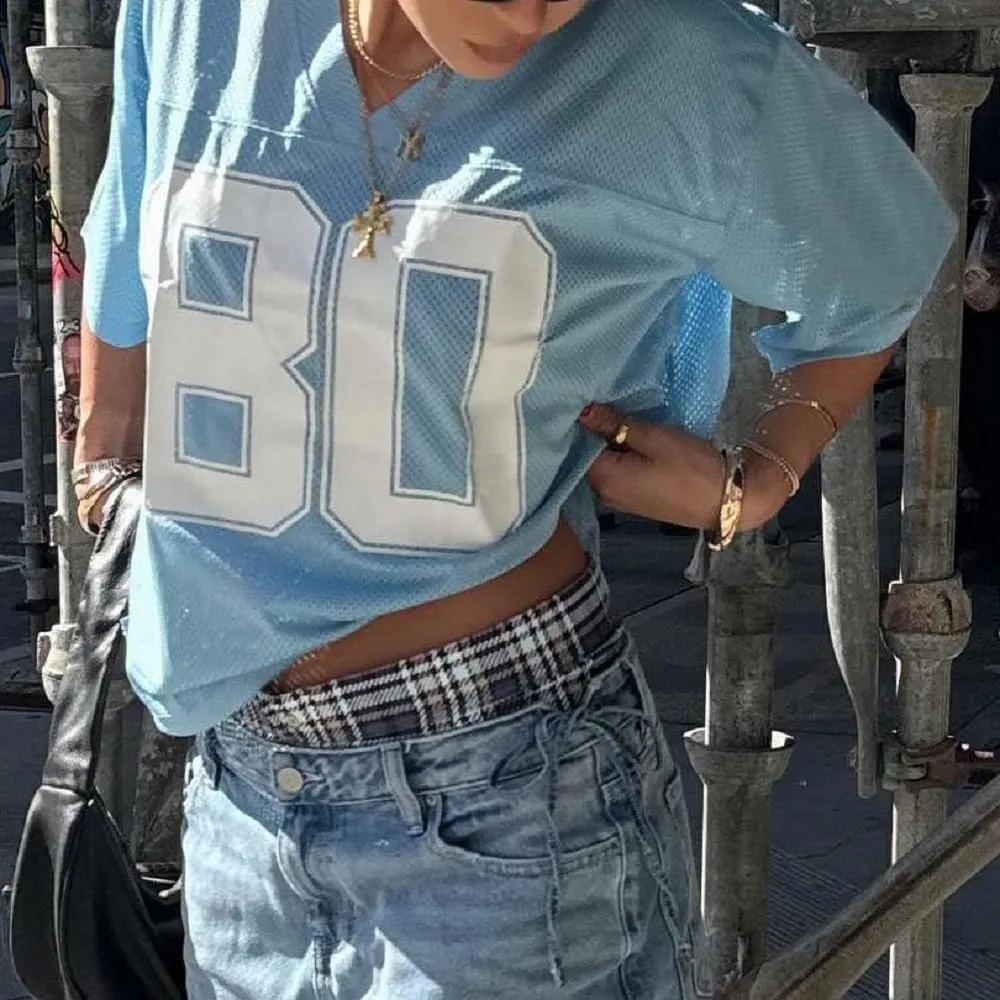Women Oversized Jersey Shirt Y2k Number Graphic T Shirt Loose Fit Short Sleeve Top Going Out Streetwear