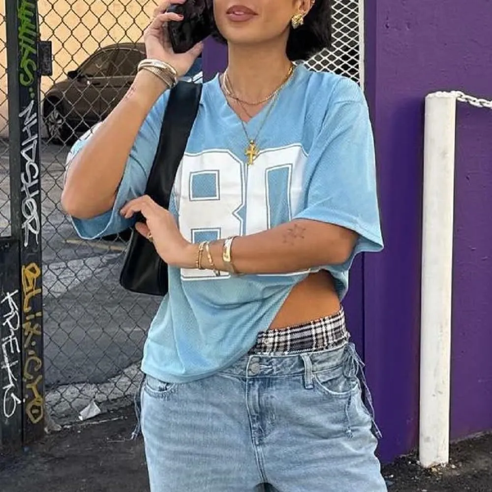 Women Oversized Jersey Shirt Y2k Number Graphic T Shirt Loose Fit Short Sleeve Top Going Out Streetwear