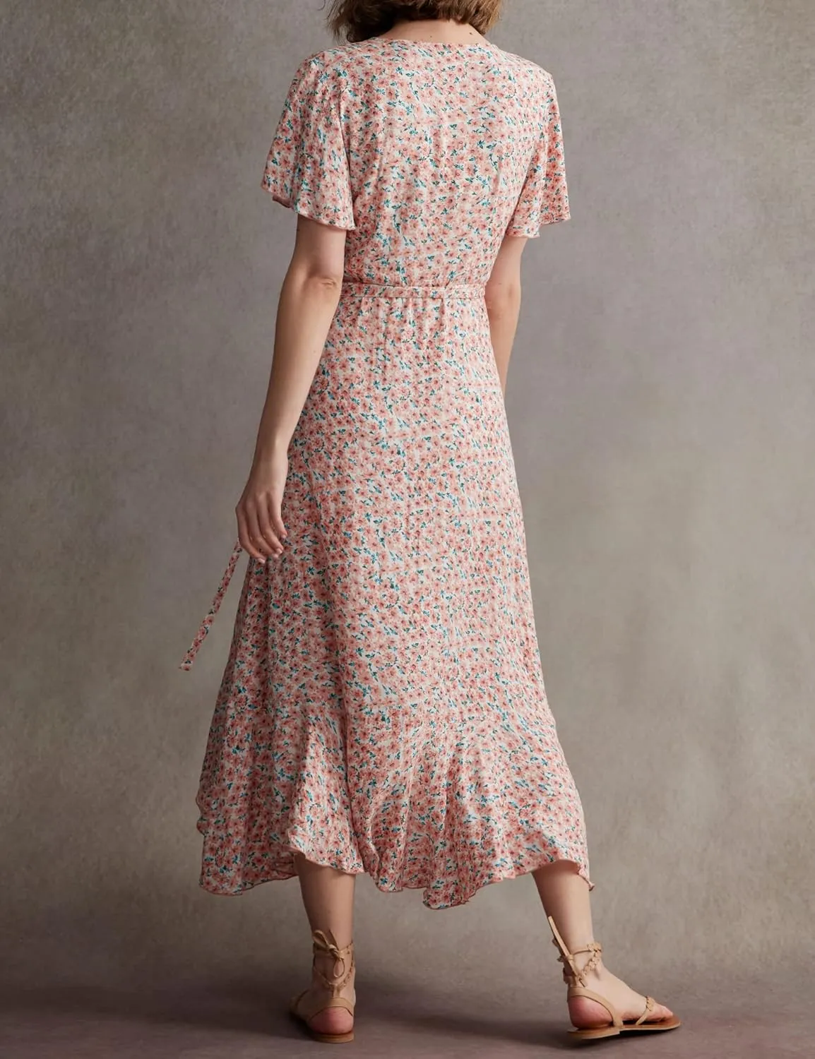 Women's 2024 Floral Boho Dress Wrap V Neck Short Sleeve Belted Ruffle Hem A-Line Flowy Maxi Dresses