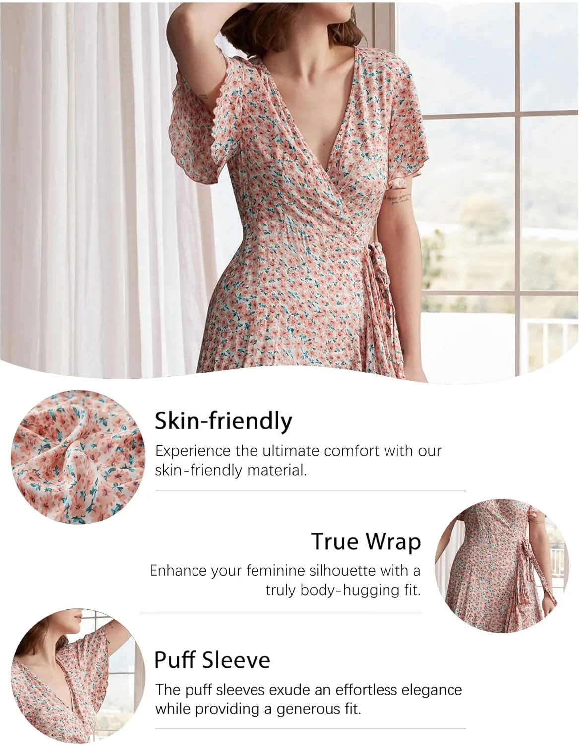 Women's 2024 Floral Boho Dress Wrap V Neck Short Sleeve Belted Ruffle Hem A-Line Flowy Maxi Dresses