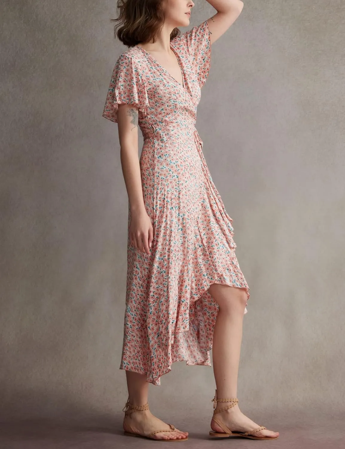 Women's 2024 Floral Boho Dress Wrap V Neck Short Sleeve Belted Ruffle Hem A-Line Flowy Maxi Dresses