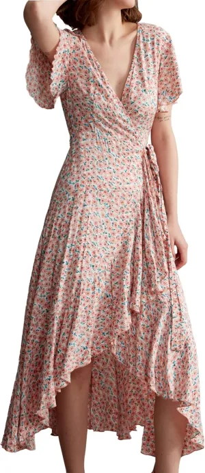 Women's 2024 Floral Boho Dress Wrap V Neck Short Sleeve Belted Ruffle Hem A-Line Flowy Maxi Dresses