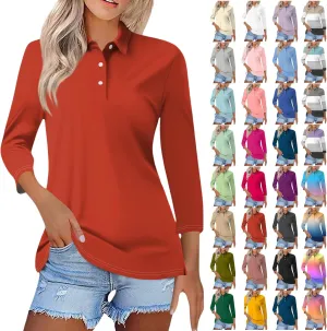 Womens 3/4 Sleeve Polo Shirts Business Casual V Neck Lapel Collar Button Down Work Polos Plus Size Basic Cute Tees