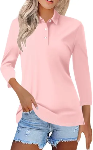 Womens 3/4 Sleeve Polo Shirts Business Casual V Neck Lapel Collar Button Down Work Polos Plus Size Basic Cute Tees