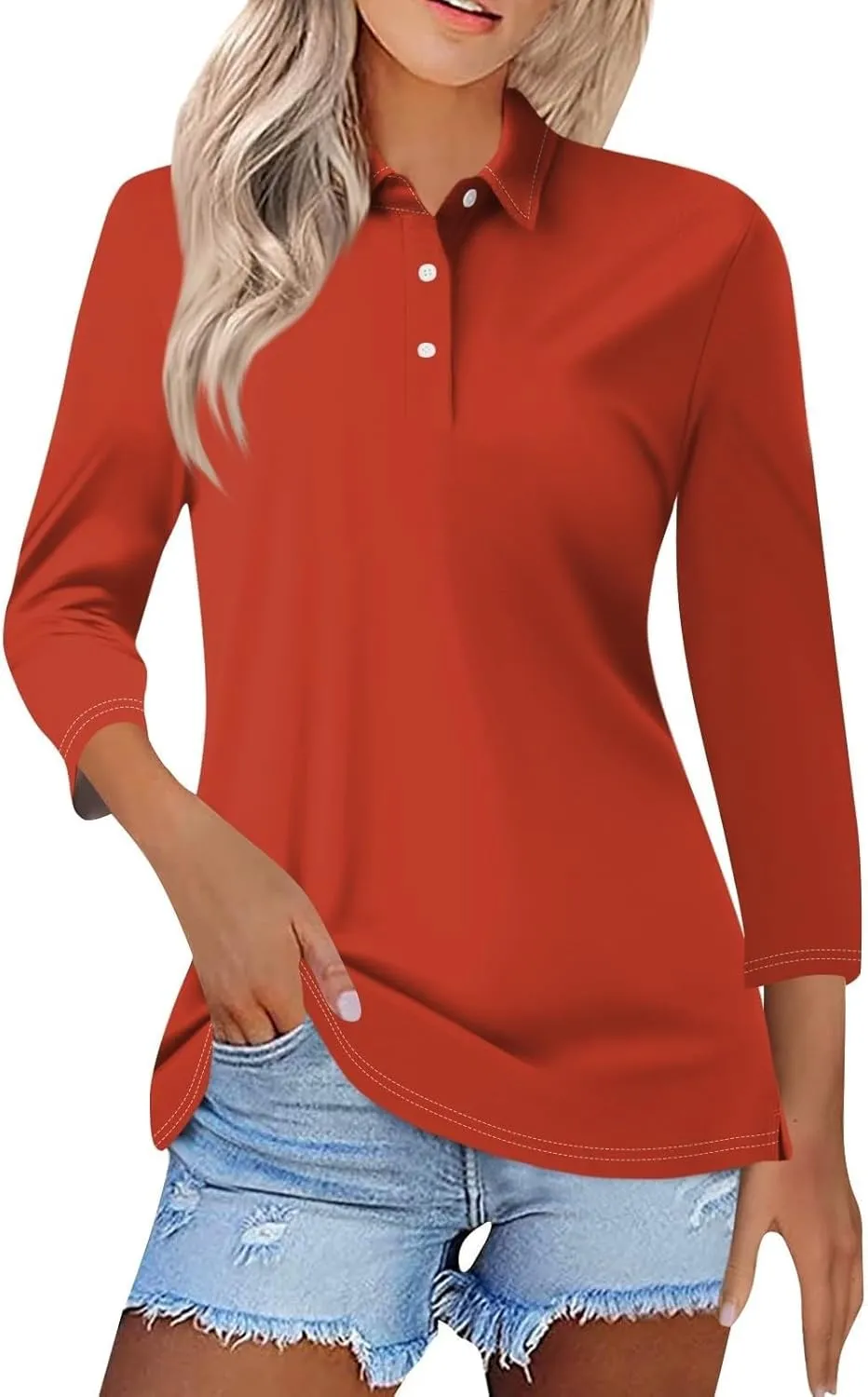 Womens 3/4 Sleeve Polo Shirts Business Casual V Neck Lapel Collar Button Down Work Polos Plus Size Basic Cute Tees