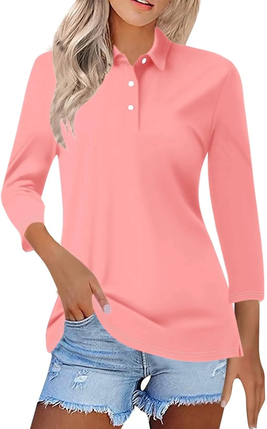 Womens 3/4 Sleeve Polo Shirts Business Casual V Neck Lapel Collar Button Down Work Polos Plus Size Basic Cute Tees