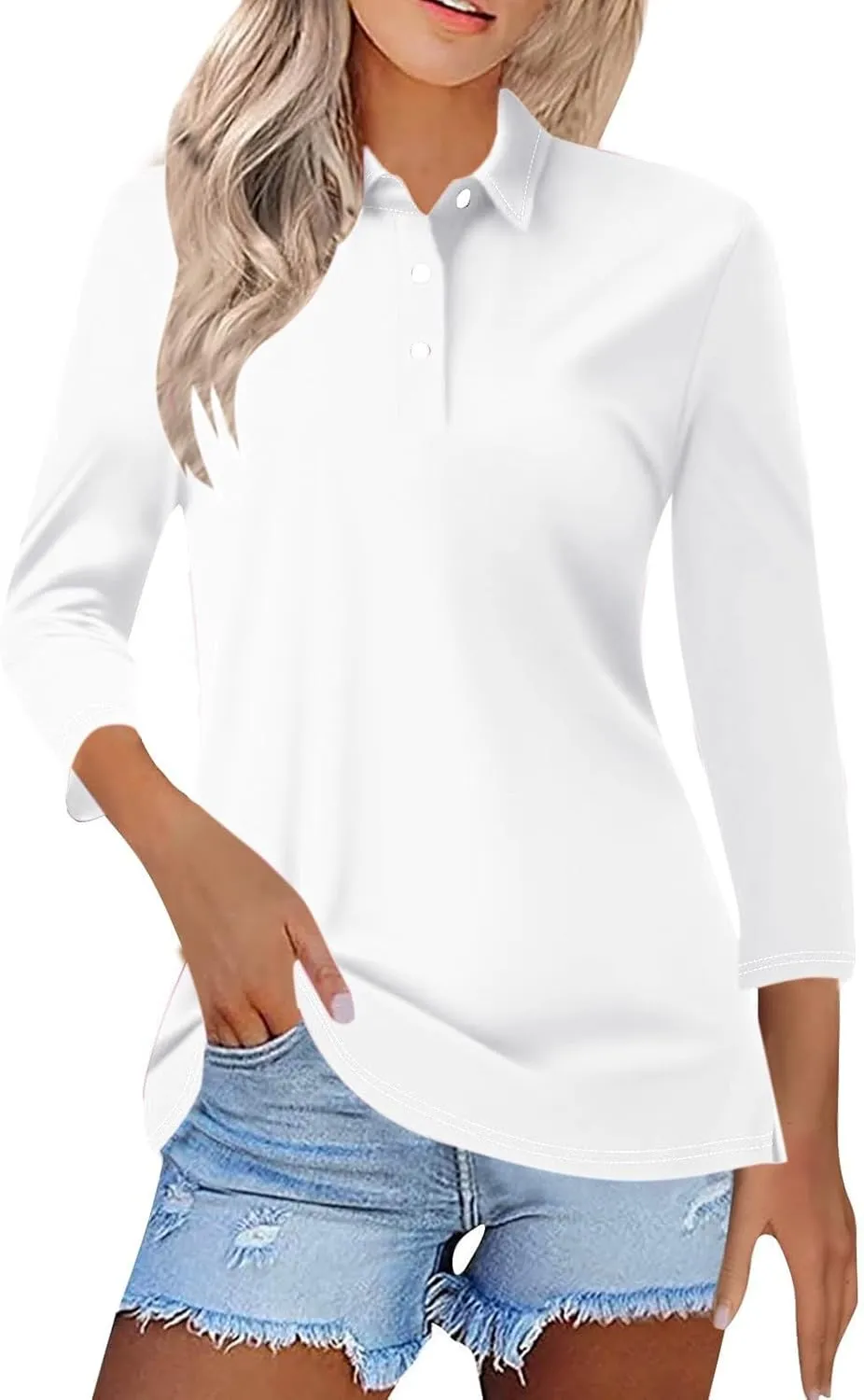 Womens 3/4 Sleeve Polo Shirts Business Casual V Neck Lapel Collar Button Down Work Polos Plus Size Basic Cute Tees
