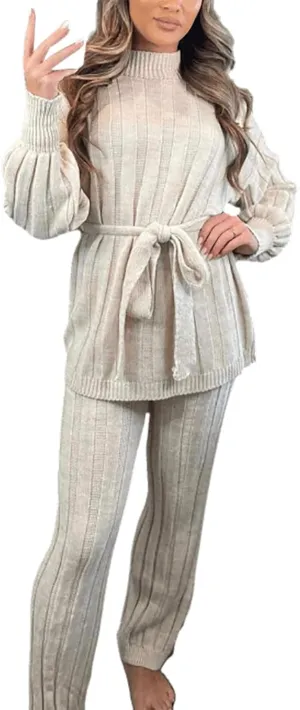 Womens Belted Knitted High Neck Jumper 2 Piece Suit Ladies Co-Ord Elastic Waist Leggings Set Tracksuit