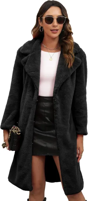 Women's Faux Fur Coat Teddy Fuzzy Fleece Open Front Cardigan Elegant Lapel Collar Long Sleeve Longline Loose Jacket (Black-XL)