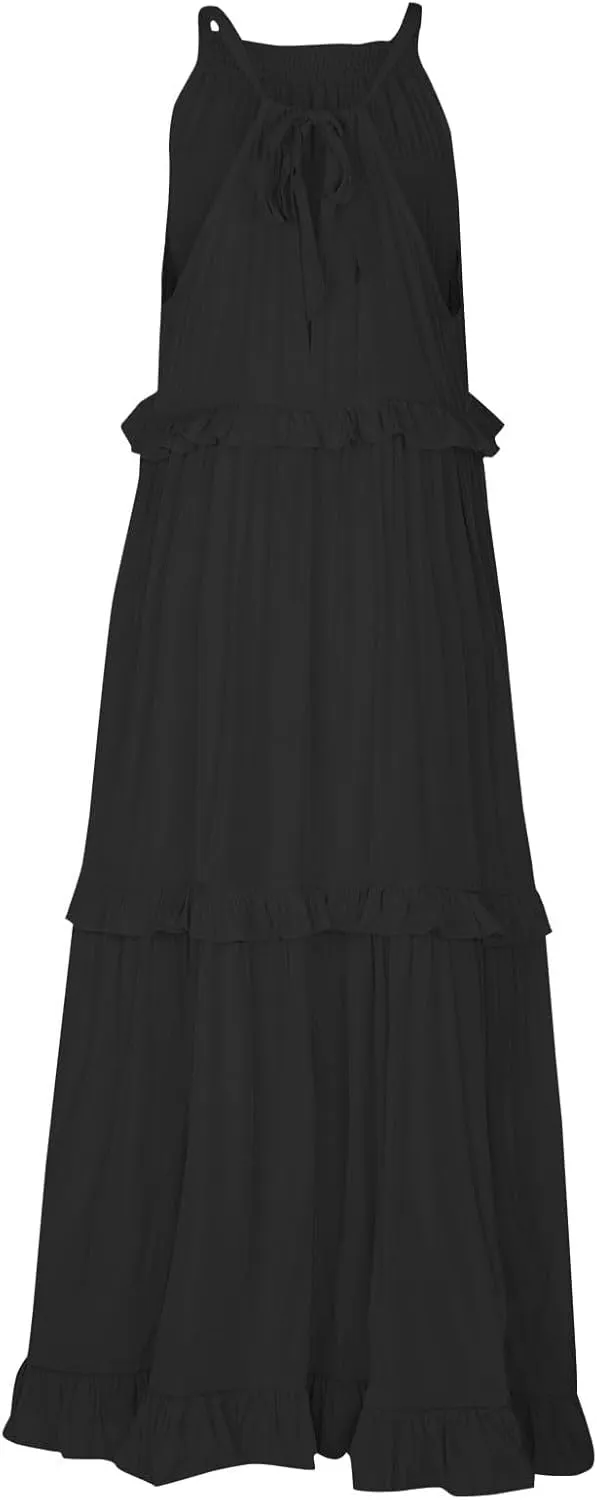 Womens Halter Neck Maxi Dress Sleeveless Sexy Tiered Flowy Long Dress Summer Loose Smocked Ruffle Swing Beach Dresses