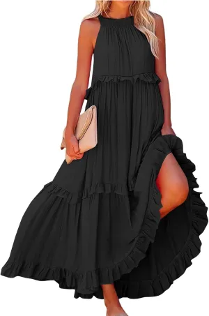 Womens Halter Neck Maxi Dress Sleeveless Sexy Tiered Flowy Long Dress Summer Loose Smocked Ruffle Swing Beach Dresses