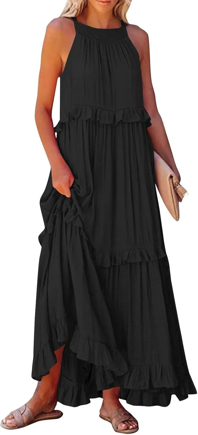 Womens Halter Neck Maxi Dress Sleeveless Sexy Tiered Flowy Long Dress Summer Loose Smocked Ruffle Swing Beach Dresses