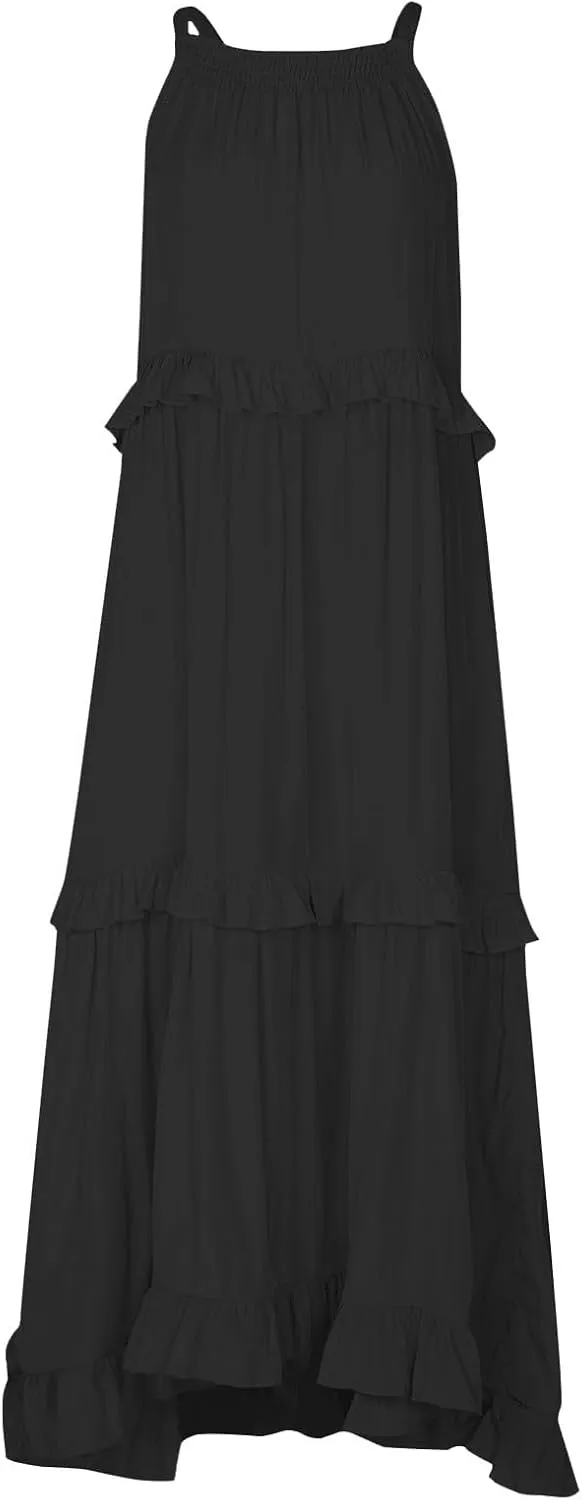 Womens Halter Neck Maxi Dress Sleeveless Sexy Tiered Flowy Long Dress Summer Loose Smocked Ruffle Swing Beach Dresses