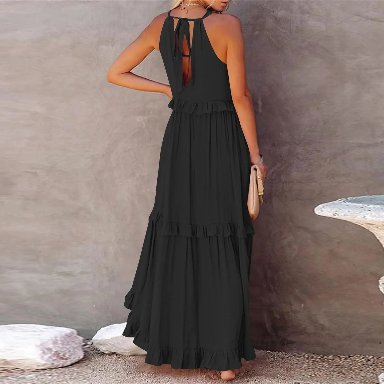 Womens Halter Neck Maxi Dress Sleeveless Sexy Tiered Flowy Long Dress Summer Loose Smocked Ruffle Swing Beach Dresses