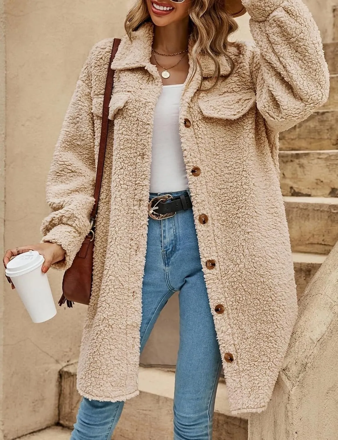 Womens Long Fleece Jacket Fall Winter Coats Teddy Faux Fur Coat Fuzzy Fleece Fluffy Warm Sherpa Jackets