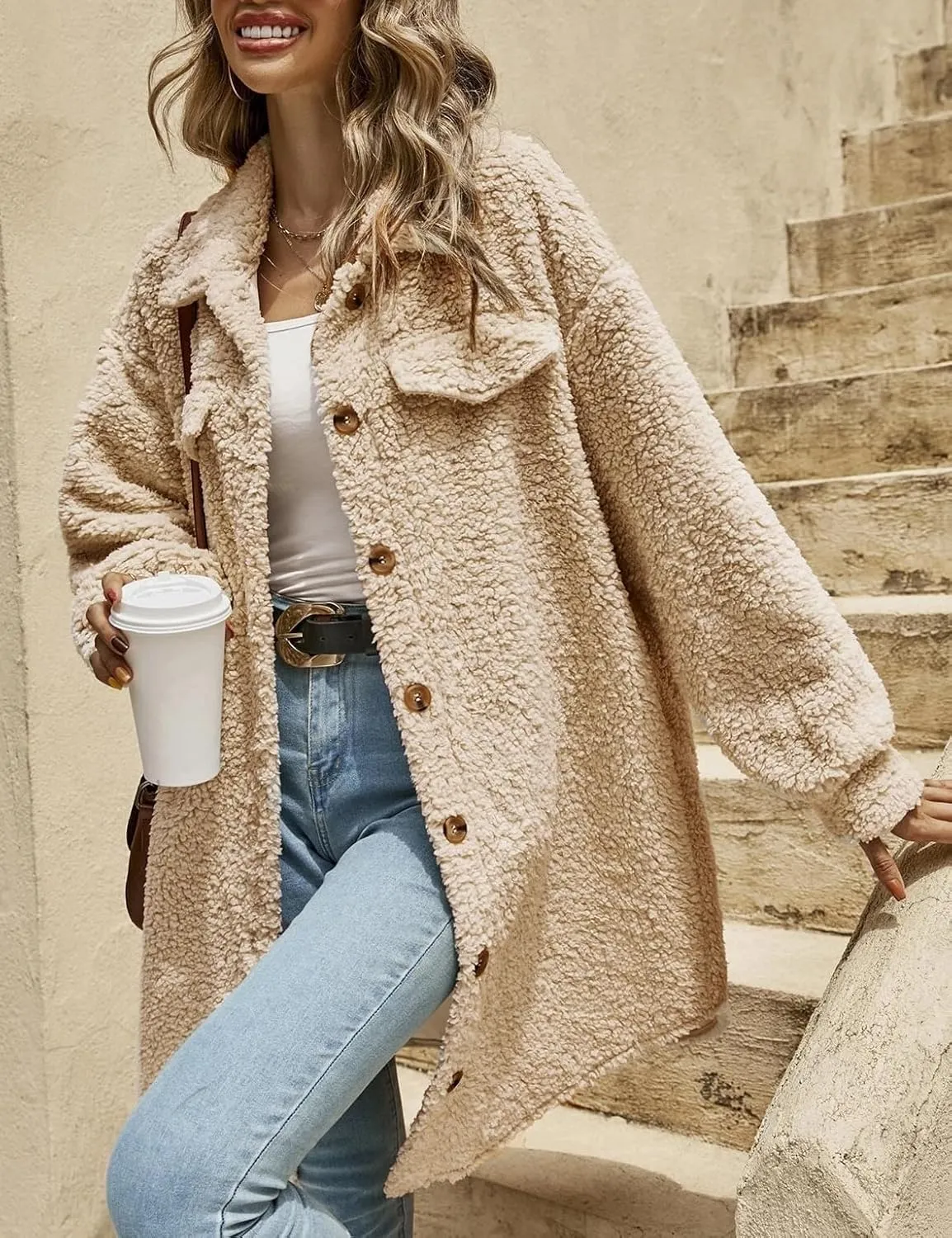 Womens Long Fleece Jacket Fall Winter Coats Teddy Faux Fur Coat Fuzzy Fleece Fluffy Warm Sherpa Jackets