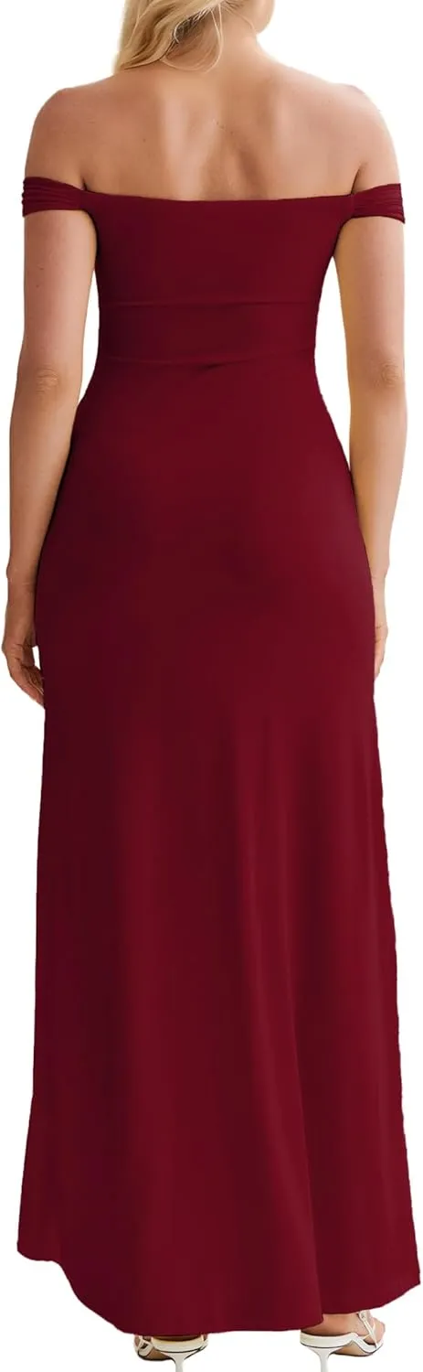 Women’s Off Shoulder Cocktail Dress Sexy Low Back Asymmetrical Ruffle Hem Club Beach Party Maxi Long Dress