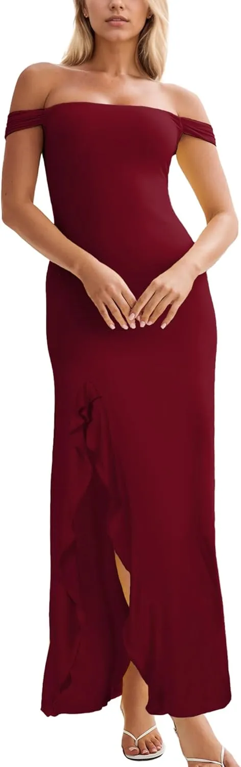 Women’s Off Shoulder Cocktail Dress Sexy Low Back Asymmetrical Ruffle Hem Club Beach Party Maxi Long Dress
