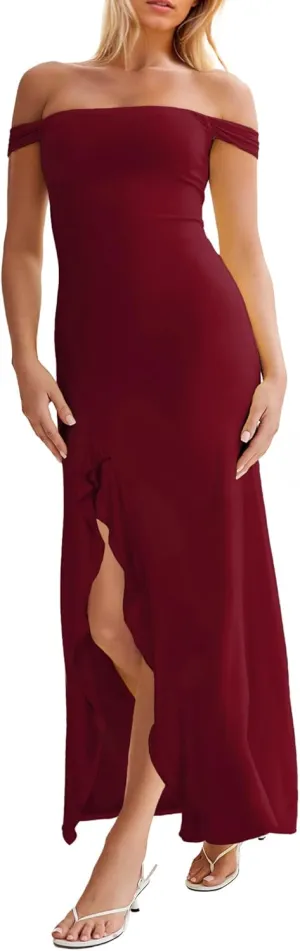 Women’s Off Shoulder Cocktail Dress Sexy Low Back Asymmetrical Ruffle Hem Club Beach Party Maxi Long Dress