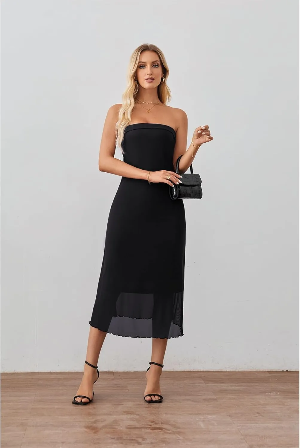Women's Summer Bodycon Midi Tube Dress Strapless Mesh Casual Elegant Party Cocktail Dresses