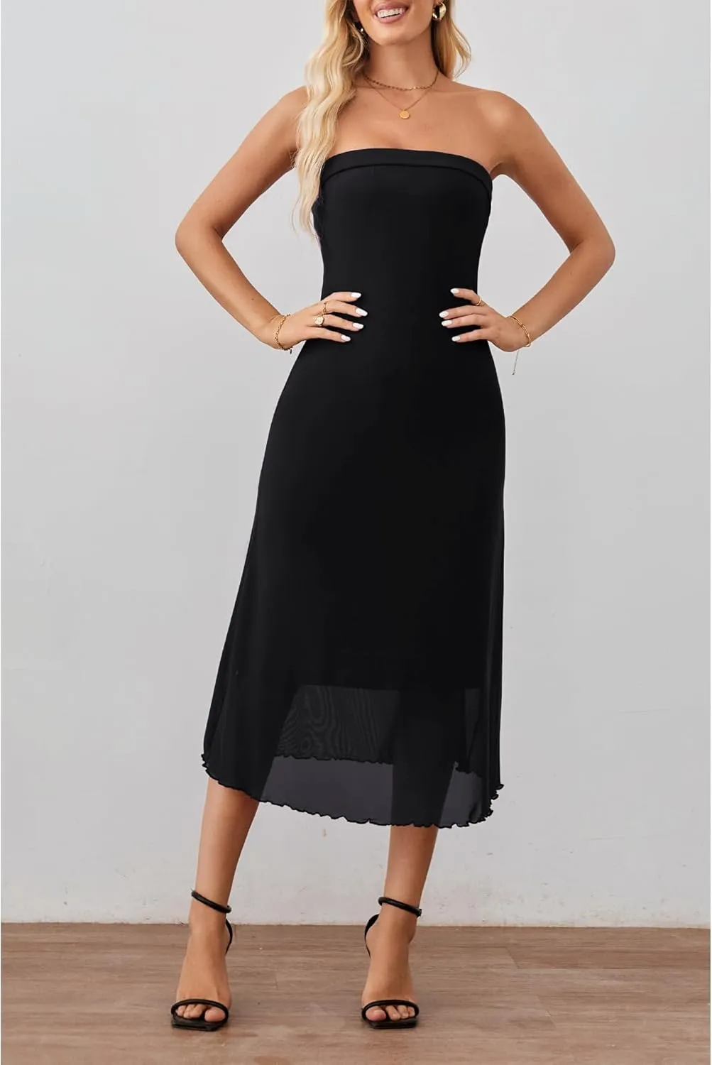 Women's Summer Bodycon Midi Tube Dress Strapless Mesh Casual Elegant Party Cocktail Dresses