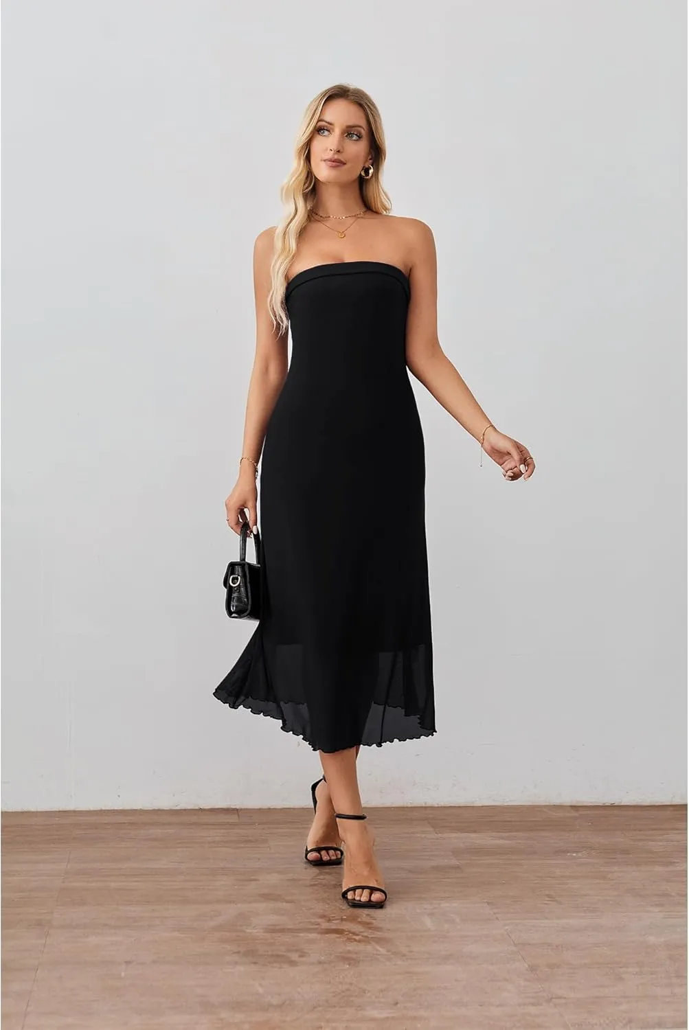 Women's Summer Bodycon Midi Tube Dress Strapless Mesh Casual Elegant Party Cocktail Dresses