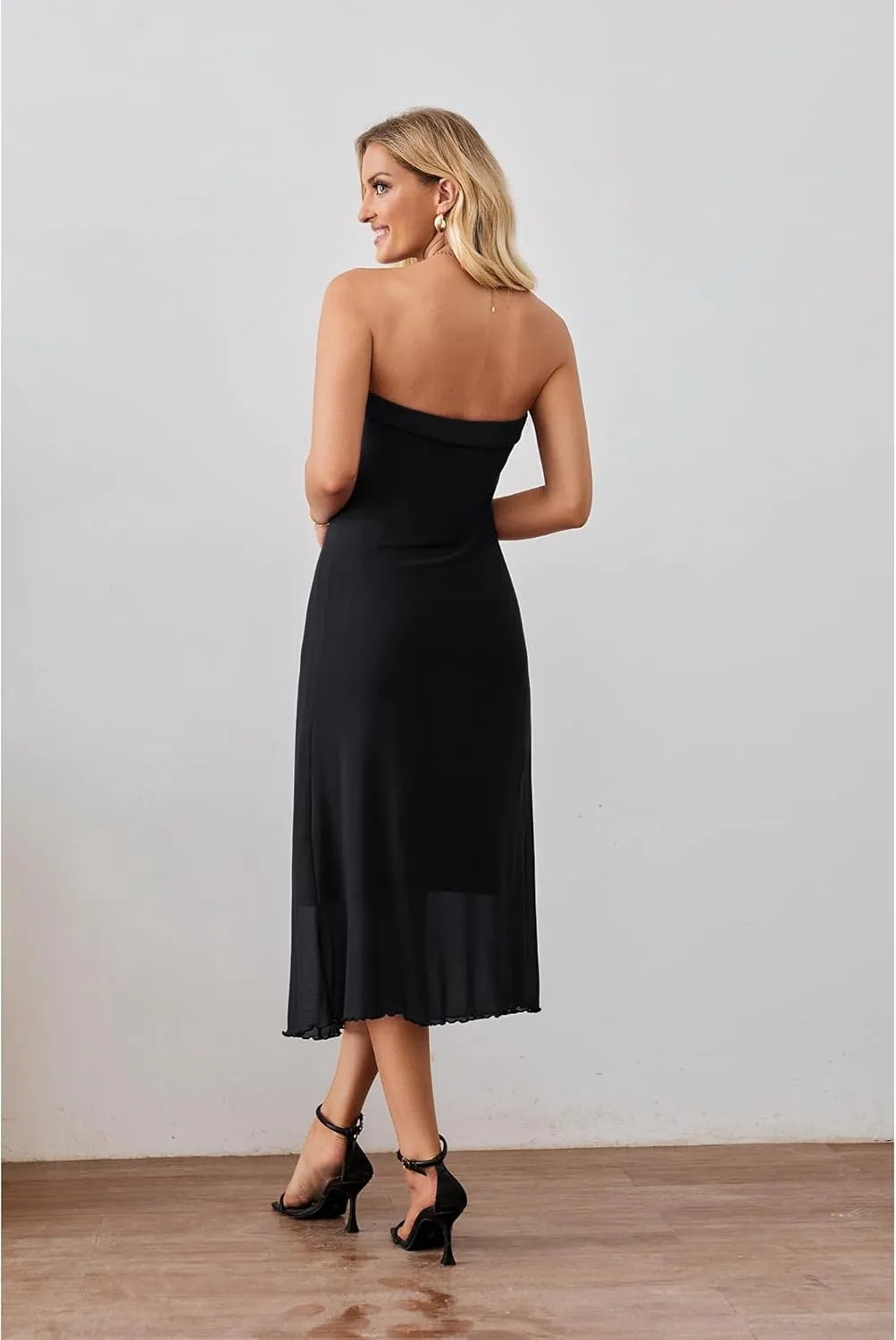 Women's Summer Bodycon Midi Tube Dress Strapless Mesh Casual Elegant Party Cocktail Dresses