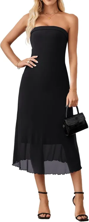 Women's Summer Bodycon Midi Tube Dress Strapless Mesh Casual Elegant Party Cocktail Dresses