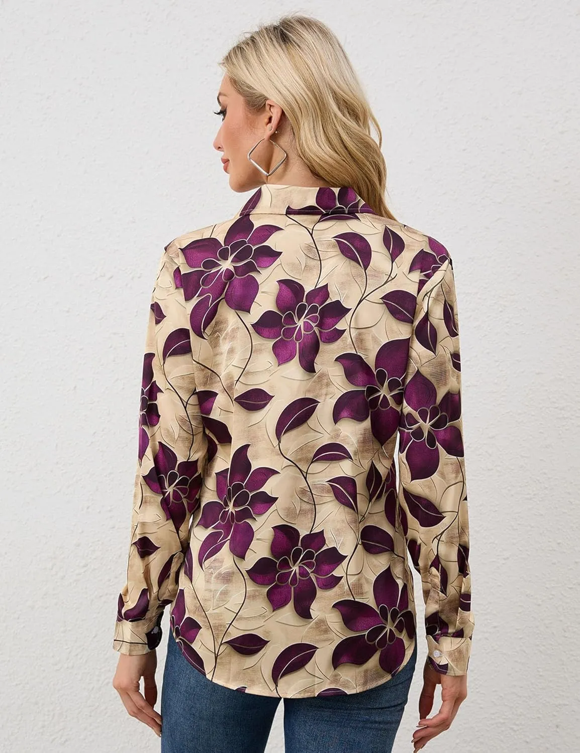 Wrinkle-Resistant Women Silky Button Down Shirts 2025 Fashion Printed Long Sleeve Blouse Dressy Casual Tops