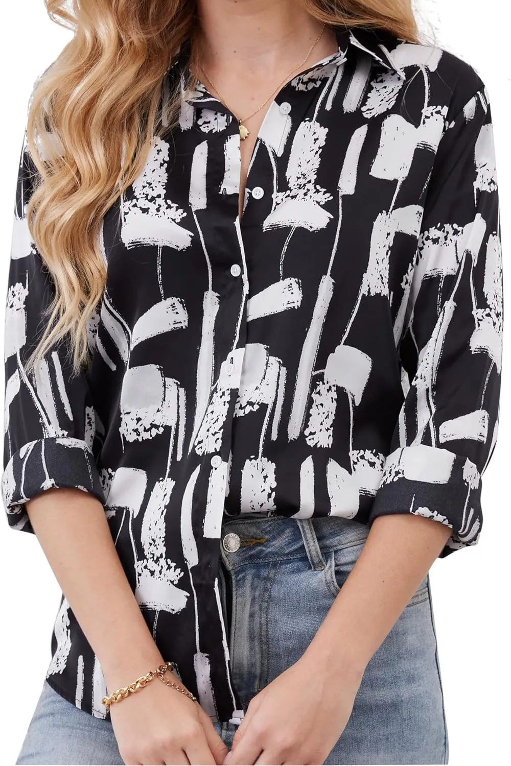 Wrinkle-Resistant Women Silky Button Down Shirts 2025 Fashion Printed Long Sleeve Blouse Dressy Casual Tops