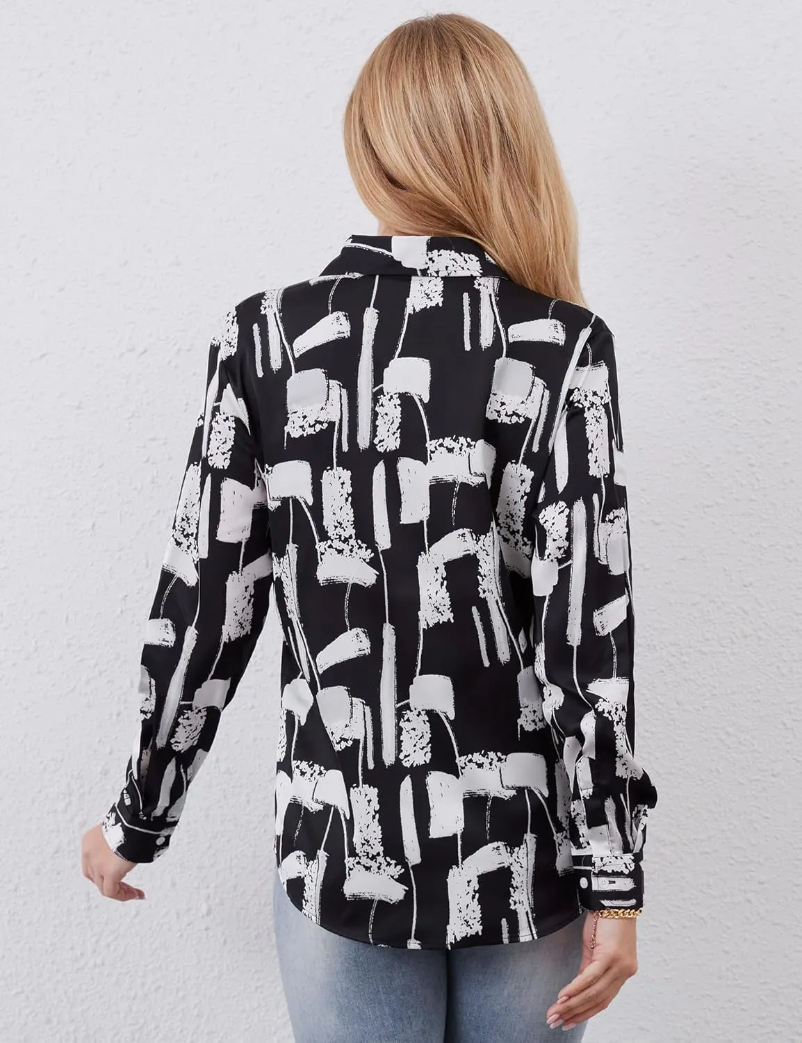 Wrinkle-Resistant Women Silky Button Down Shirts 2025 Fashion Printed Long Sleeve Blouse Dressy Casual Tops
