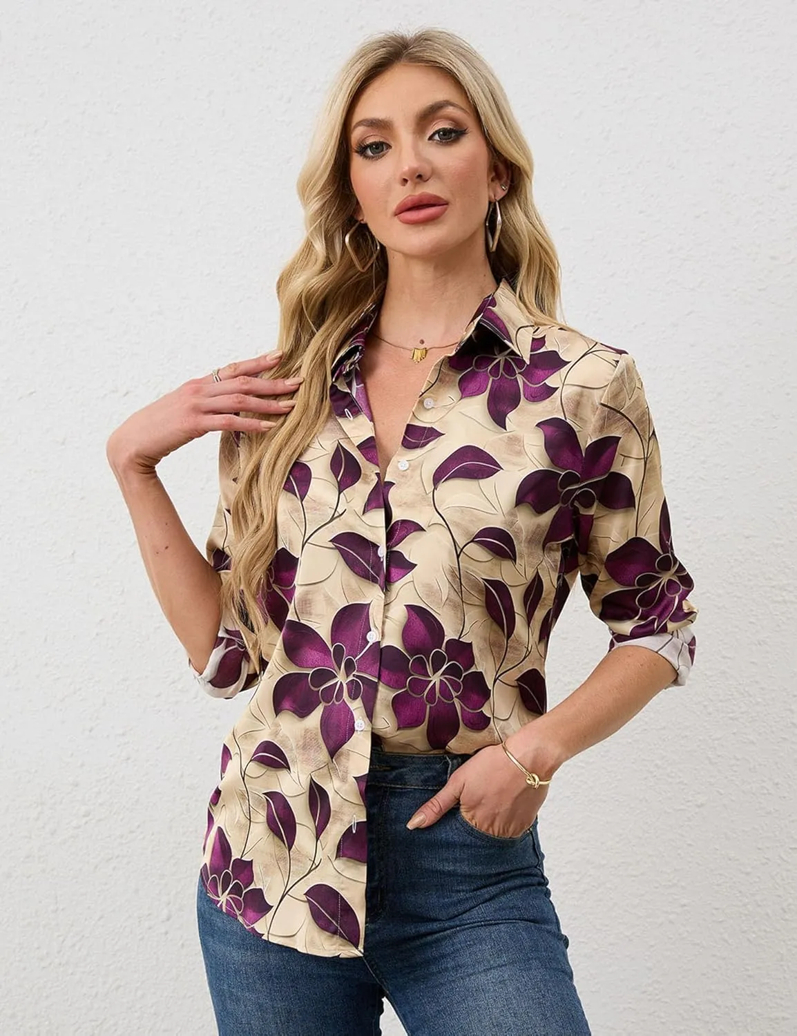 Wrinkle-Resistant Women Silky Button Down Shirts 2025 Fashion Printed Long Sleeve Blouse Dressy Casual Tops