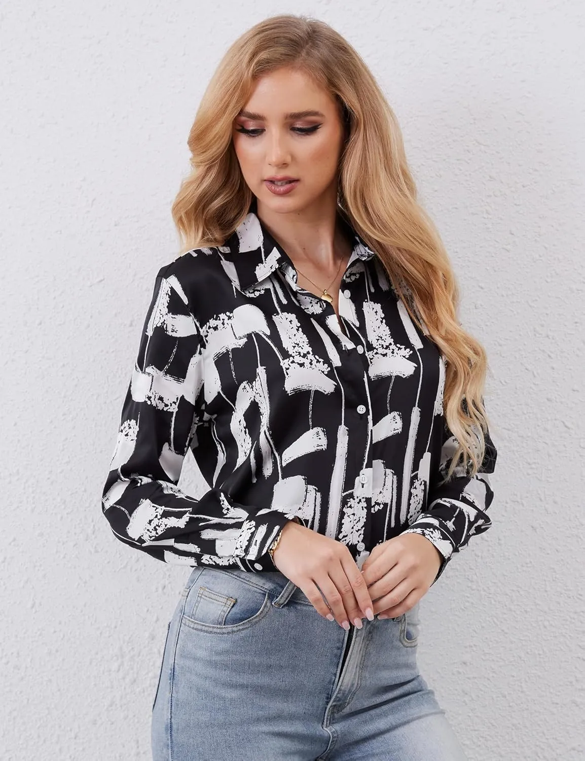 Wrinkle-Resistant Women Silky Button Down Shirts 2025 Fashion Printed Long Sleeve Blouse Dressy Casual Tops