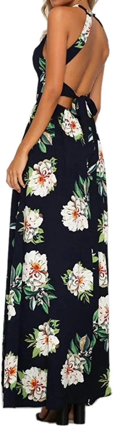 ZESICA Women's Summer Halter Neck Floral Print Backless Split Beach Party Maxi Dress