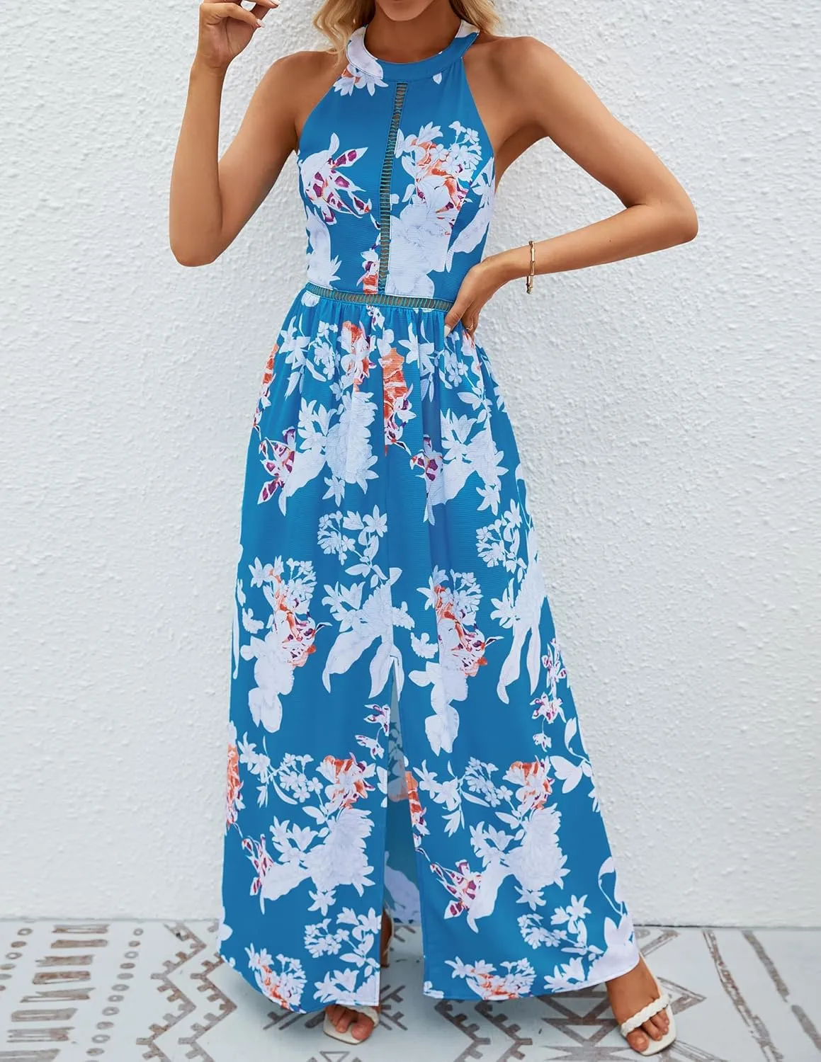 ZESICA Women's Summer Halter Neck Floral Print Backless Split Beach Party Maxi Dress