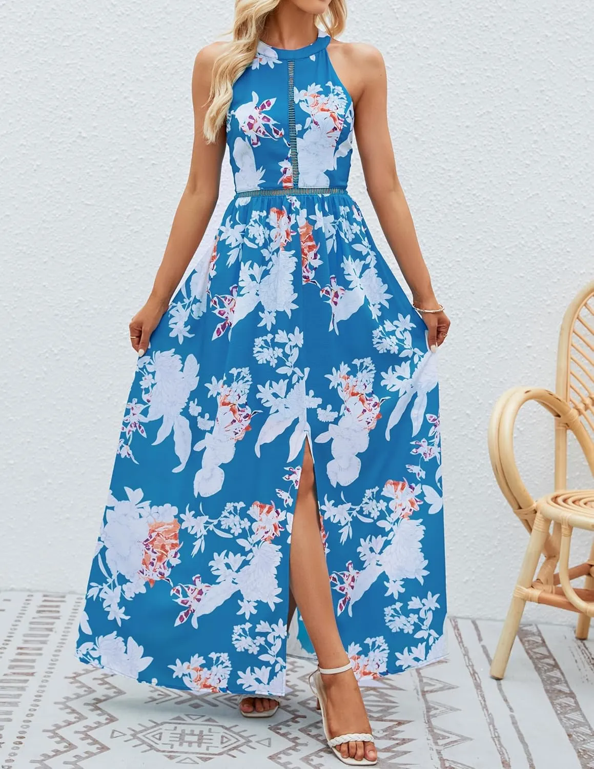 ZESICA Women's Summer Halter Neck Floral Print Backless Split Beach Party Maxi Dress
